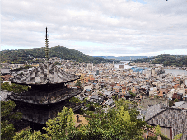 写真:街を見下ろしています。天寧寺 海雲塔や、たくさんの家や、海と山が写っています。